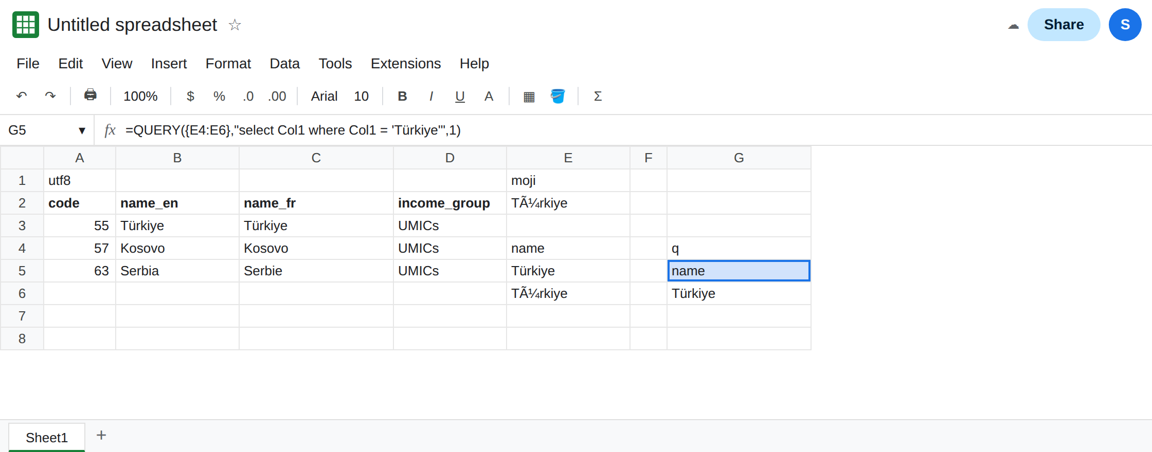 G5 selected. Formula bar shows QUERY of the array E4:E6, select Col1 where Col1 equals Türkiye. The spill includes Türkiye and omits TÃ¼rkiye in E6. A2 still shows the UTF-8 import.