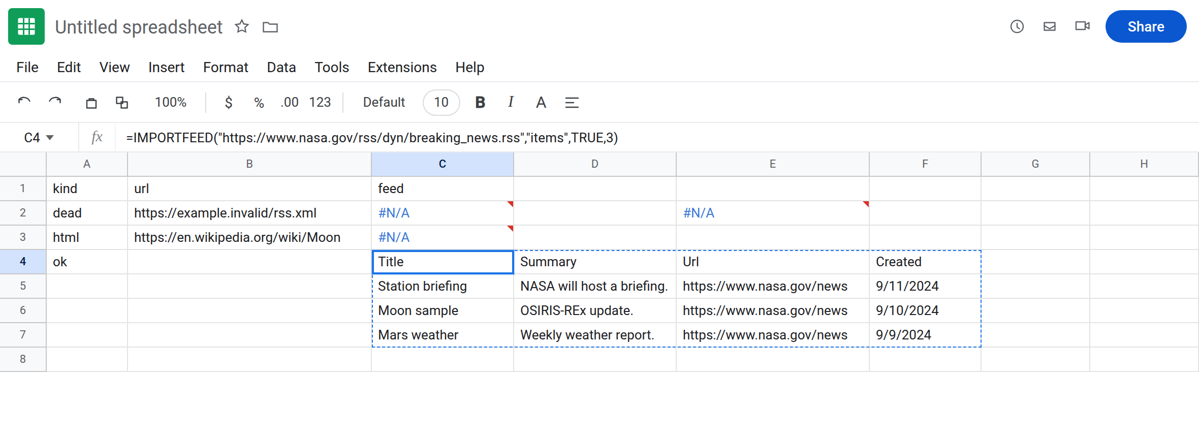 C4 selected. Formula bar shows =IMPORTFEED("https://www.nasa.gov/rss/dyn/breaking_news.rss","items",TRUE,3). C4 spills a small items table with headers with no error triangle. C2 is still #N/A. C3 is still a failed HTML pull.