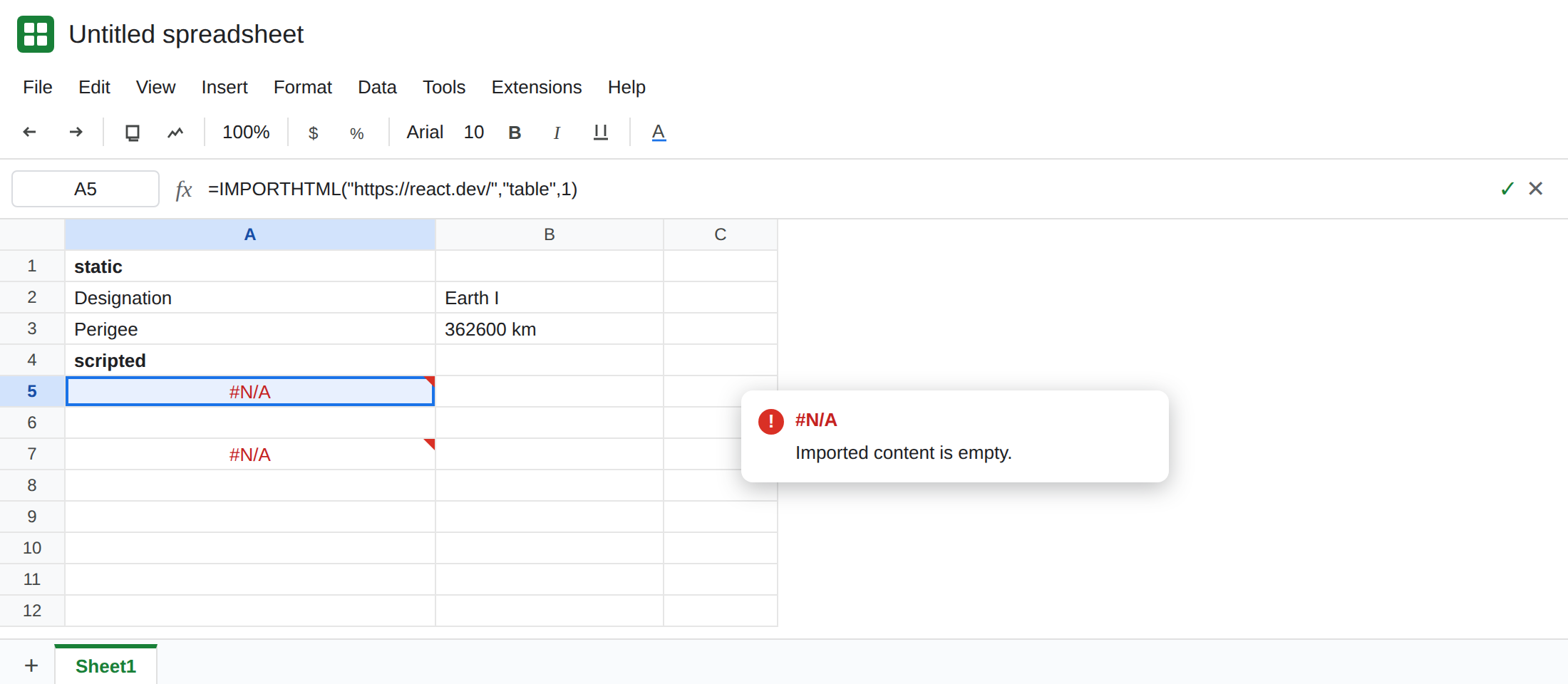 A2 still spills the Moon table. A5 is #N/A. The caption notes that View page source on the scripted URL has no table element for the figures on screen. Index 2 is also #N/A.