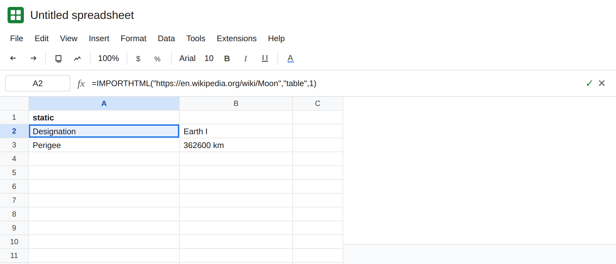 A2 selected. Formula bar shows IMPORTHTML of the Moon article, table, index 1. A2 spills a table. Allow access is already done. The cell is not #N/A.