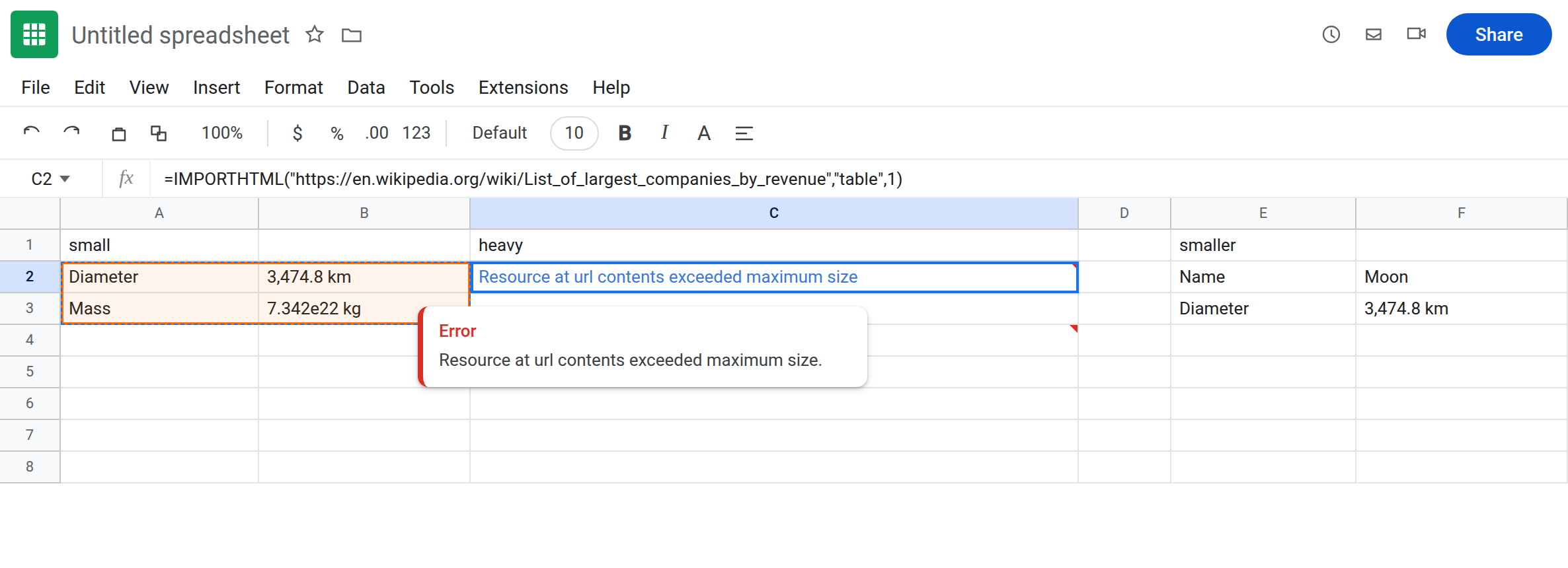 C2 selected. Formula bar shows IMPORTHTML of a heavy URL with table index 1. C2 is an error. Tooltip: Resource at url contents exceeded maximum size. A2 is a small Moon table that spilled.