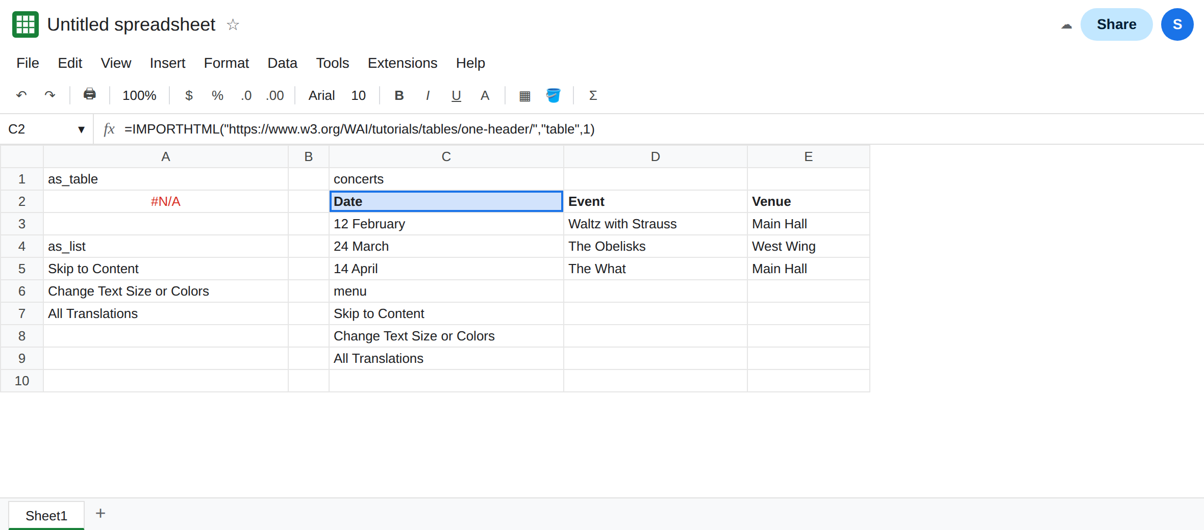 C2 selected. Formula bar shows IMPORTHTML with query table and index 1. The spill starts with Date, Event, Venue. A2 is still #N/A from query table on the list-only page.