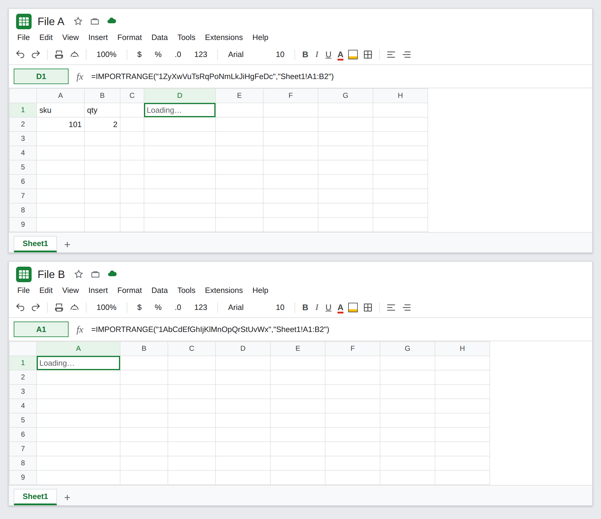 File A, D1 selected. Formula bar shows IMPORTRANGE of file B, Sheet1!A1:B2. D1 is Loading… or #REF!. A's own A2 is still 101. B's import points back at A.