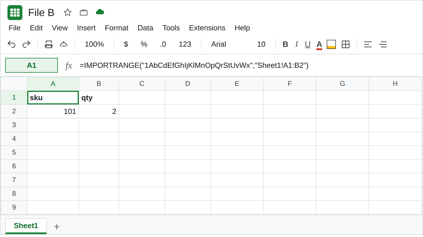 File B, A1 selected. Formula bar shows IMPORTRANGE of file A, Sheet1!A1:B2. The spill is sku, qty, 101, 2. Not Loading…, not #REF!.