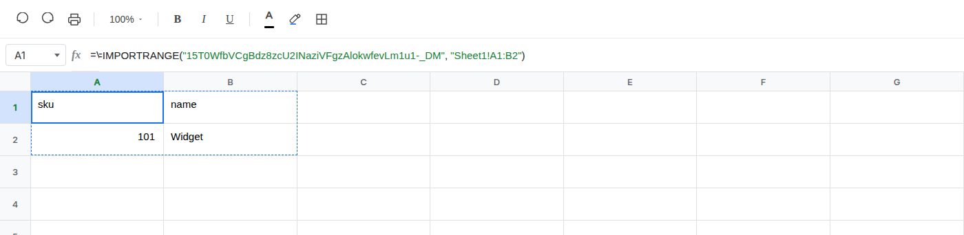 A1 selected. Formula bar shows =IMPORTRANGE(“SOURCE_ID”,“Sheet1!A1:B2”). The formula spilled sku, name, 101, and Widget into A1:B2.