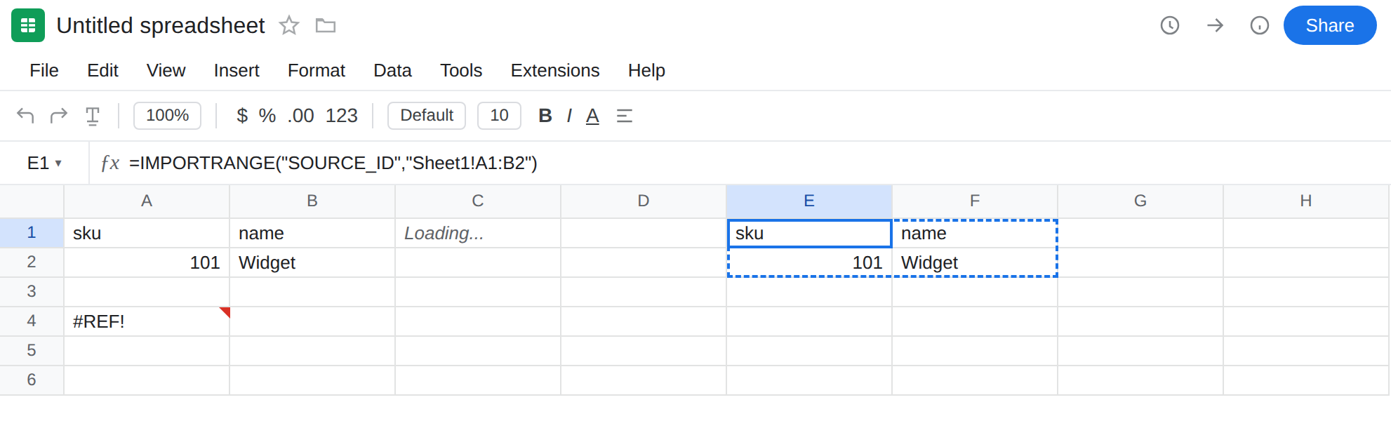 E1 selected. Formula bar shows =IMPORTRANGE("SOURCE_ID","Sheet1!A1:B2"). E1:F2 spilled sku/name/101/Widget with no error triangle. C1 is still Loading.... A1 still works.