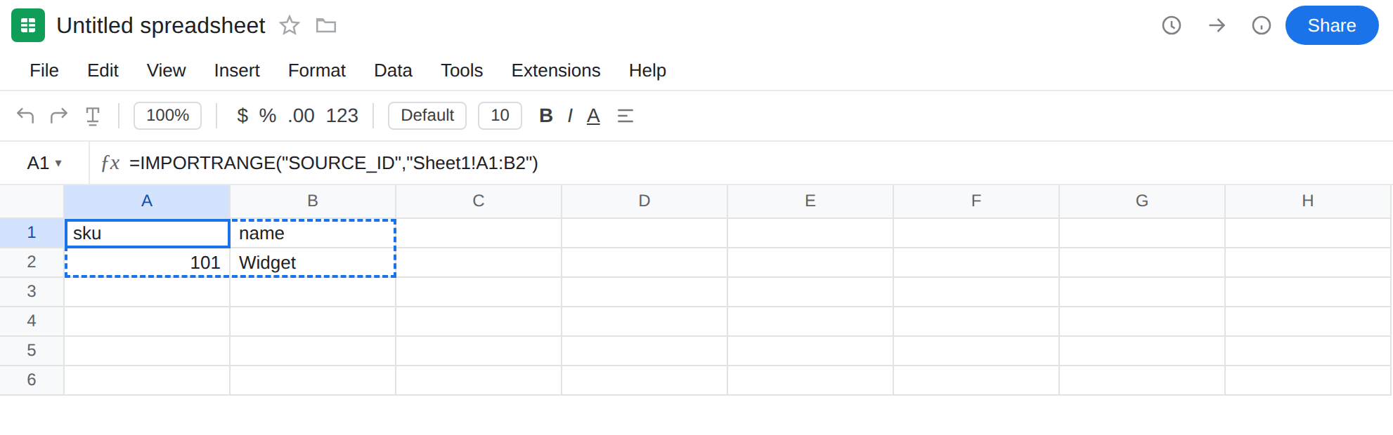 A1 selected. Formula bar shows =IMPORTRANGE("SOURCE_ID","Sheet1!A1:B2"). A1:B2 spilled sku, name, 101, Widget. Not Loading..., not #REF!.