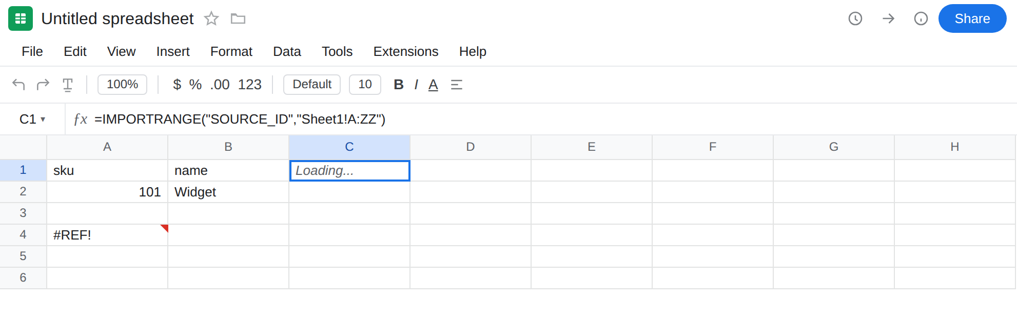 C1 selected. Formula bar shows =IMPORTRANGE("SOURCE_ID","Sheet1!A:ZZ"). C1 is Loading.... A1:B2 still shows the small spill. A4 is still #REF!.