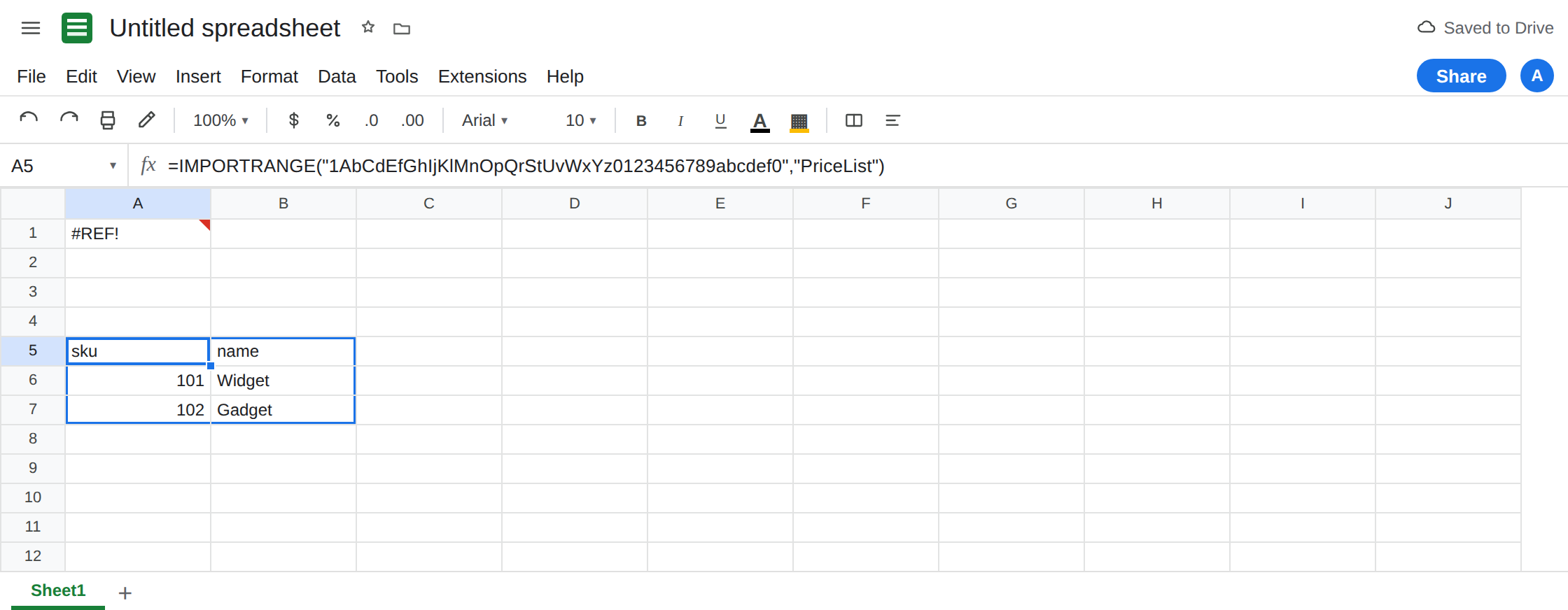 A5 selected. Formula bar shows IMPORTRANGE of PriceList. A5 spills sku, name, 101, Widget with no error triangle. A1 is still #REF! because it still says DockPrices.