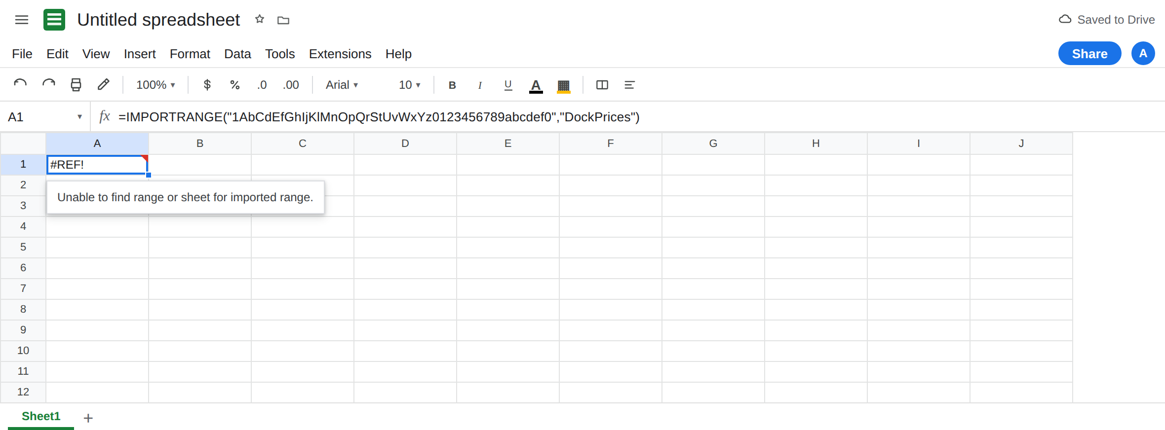 A1 selected. Formula bar shows =IMPORTRANGE of a spreadsheet id and DockPrices. A1 is #REF!. The source named range is now PriceList. The cells still hold sku and Widget.