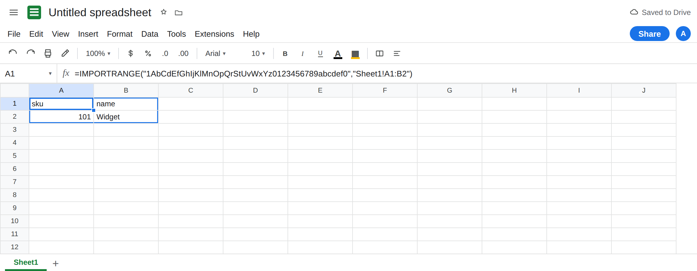 A1 selected after the account was re-added as Viewer and Allow access was clicked. Formula bar still shows IMPORTRANGE of Sheet1!A1:B2. A1 spills sku and 101 with no error triangle.