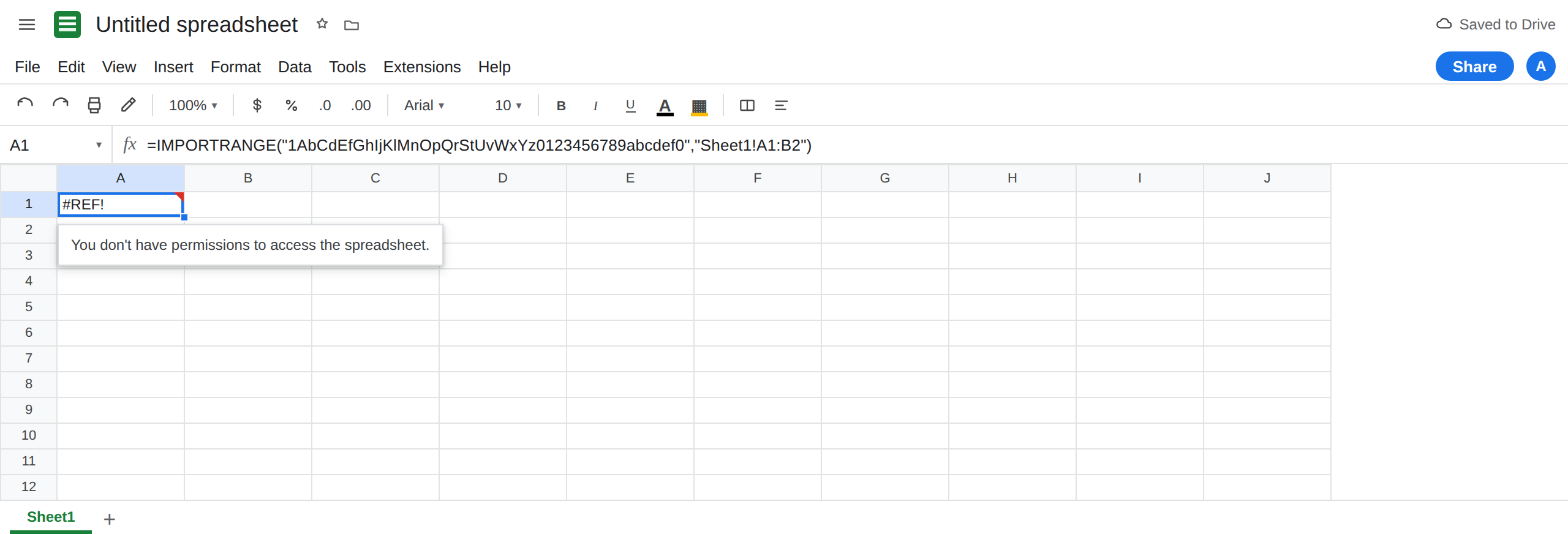 A1 selected. Formula bar shows =IMPORTRANGE of a spreadsheet id and Sheet1!A1:B2. A1 is #REF!. Tooltip: you do not have permissions to access the spreadsheet. The formula still names the same id. There is no spill.