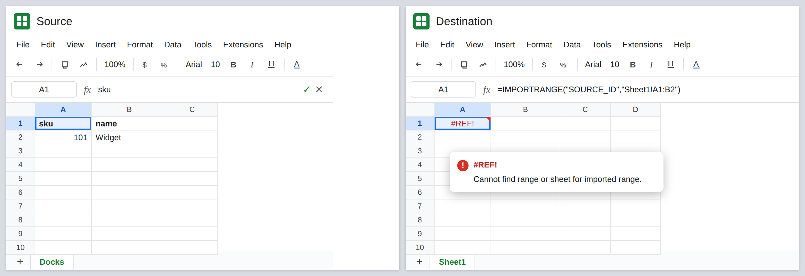 A1 selected. Formula bar shows =IMPORTRANGE of a spreadsheet id and Sheet1!A1:B2. A1 is #REF!. Tooltip: Cannot find range or sheet for imported range. The source tab is named Docks. The cells still hold sku and Widget.