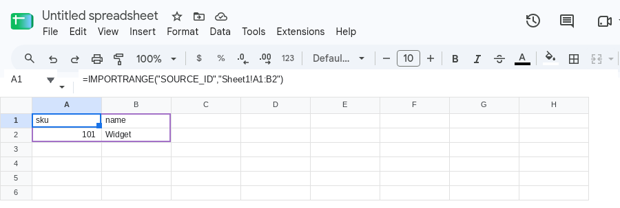 A1 selected. Formula bar shows =IMPORTRANGE("SOURCE_ID","Sheet1!A1"). The formula spilled sku, name, 101, and Widget into A1.