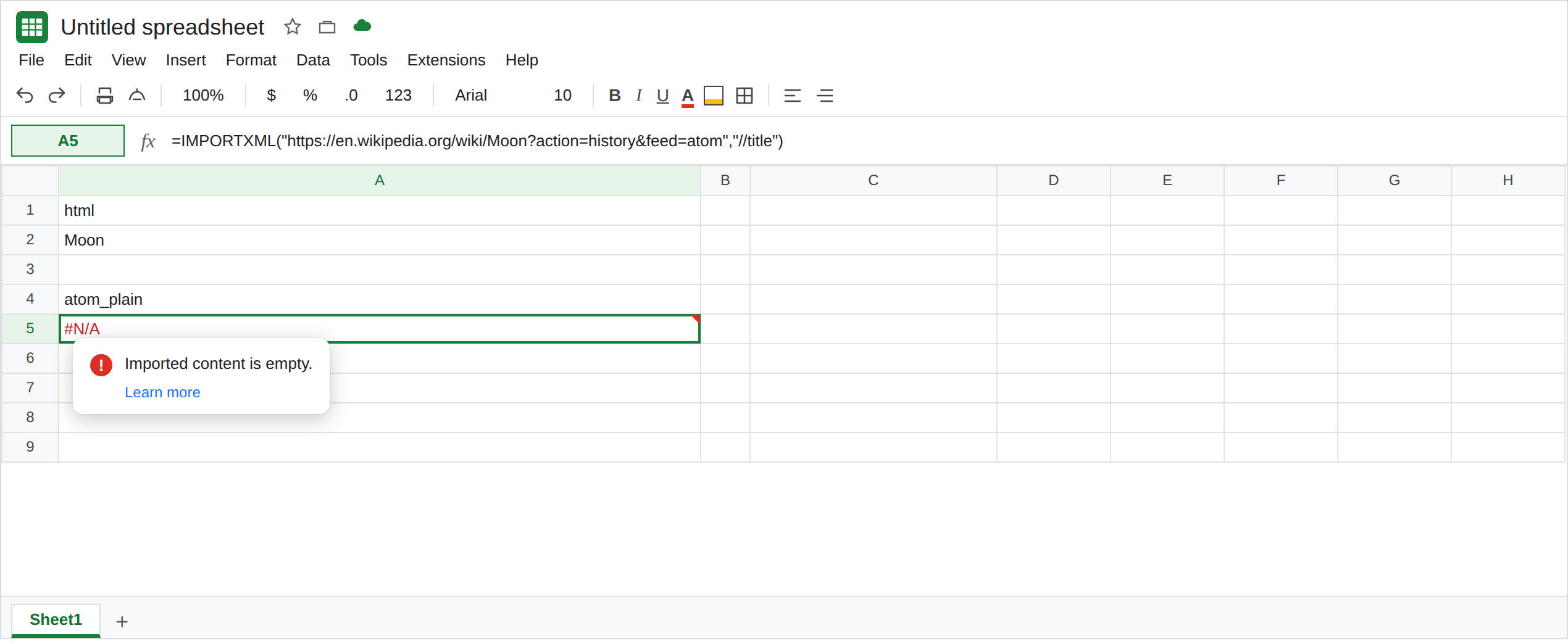 A5 selected. Formula bar shows IMPORTXML of the Wikipedia Moon Atom revision feed with XPath //title. A5 is #N/A. Tooltip: Imported content is empty. A2 is Moon from //h1 on the Wikipedia article.