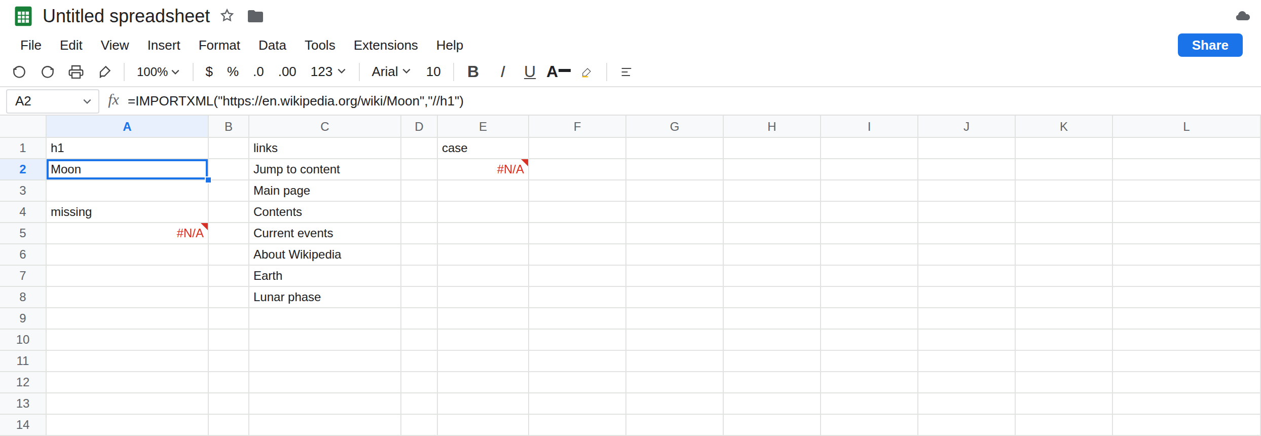 A2 selected. Formula bar shows IMPORTXML of the Moon article with //h1. A2 is Moon with no error triangle. A5 is still #N/A from //h9. E2 is still #N/A from //H1. C2 still spills links.