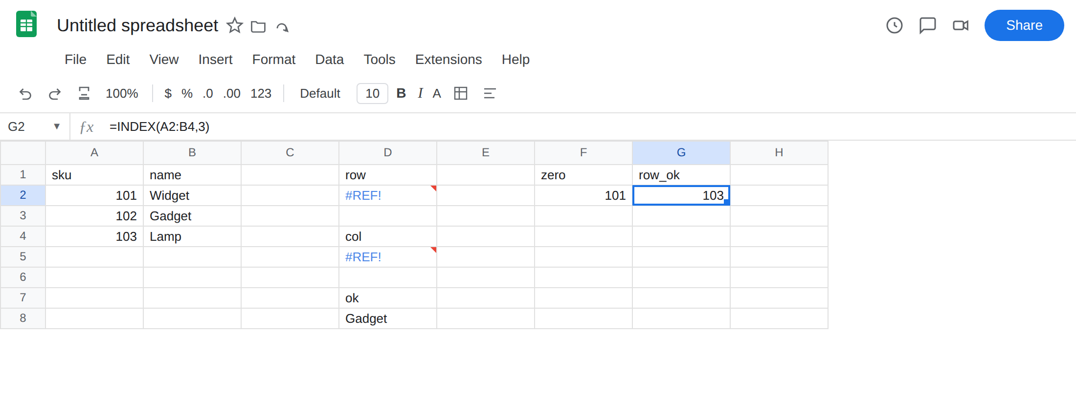 G2 selected. Formula bar shows =INDEX(A2:B4,3). G2 is 103 with no error triangle. D2 is still #REF!. D8 is Gadget.