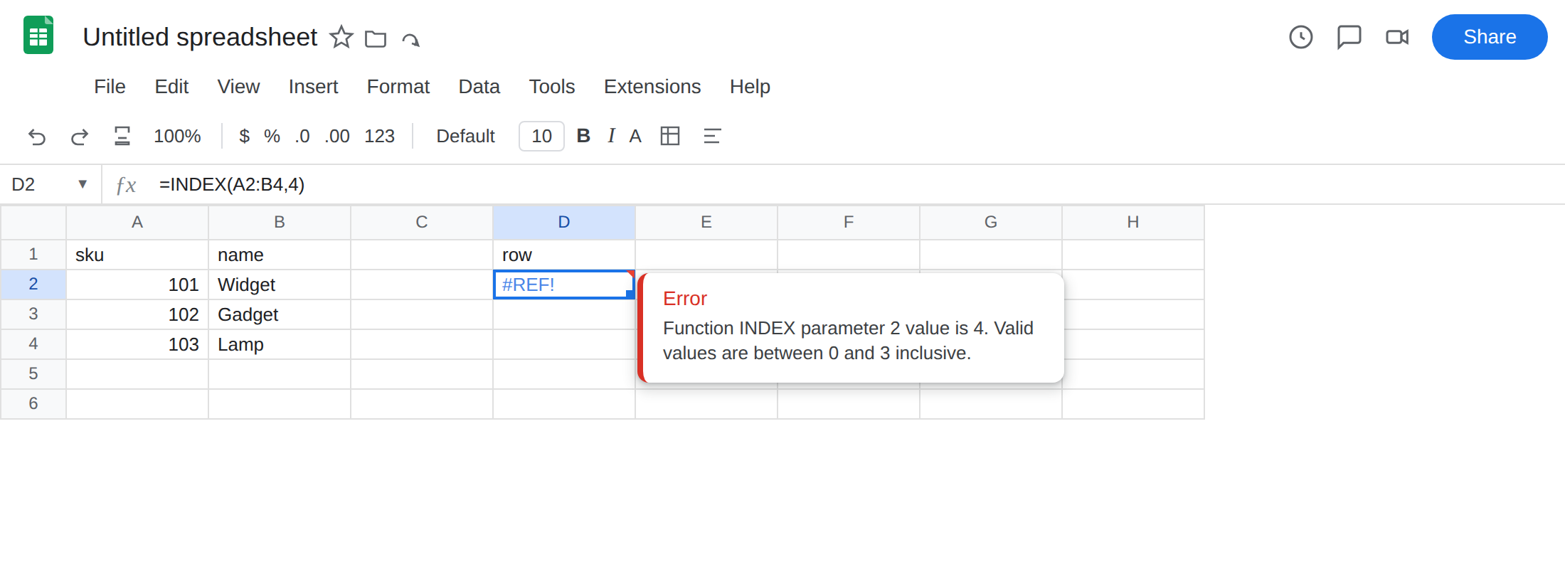 D2 selected. Formula bar shows =INDEX(A2:B4,4). D2 is #REF!. Tooltip: Function INDEX parameter 2 value is 4. Valid values are between 0 and 3 inclusive. A2:B4 is three rows.