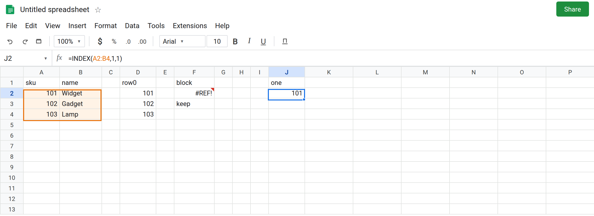 J2 selected. Formula bar shows =INDEX(A2:B4,1,1). J2 is 101 with no error triangle. D2:D4 is still the full sku column from row 0. F2 is still #REF! because F3 is keep.