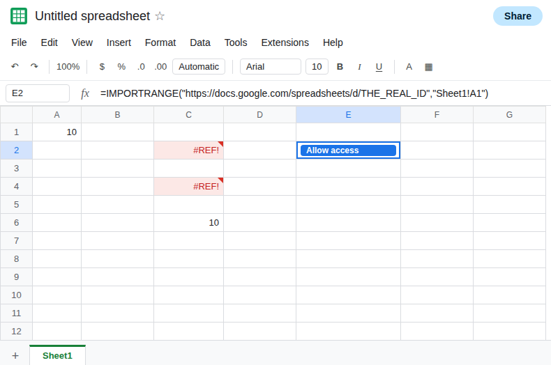 E2 is an IMPORTRANGE formula, either asking for access or showing a value from the other Google Sheet. C2 is still #REF! from INDIRECT of [Budget.xlsx]. C6 is 10 from INDIRECT of A1.