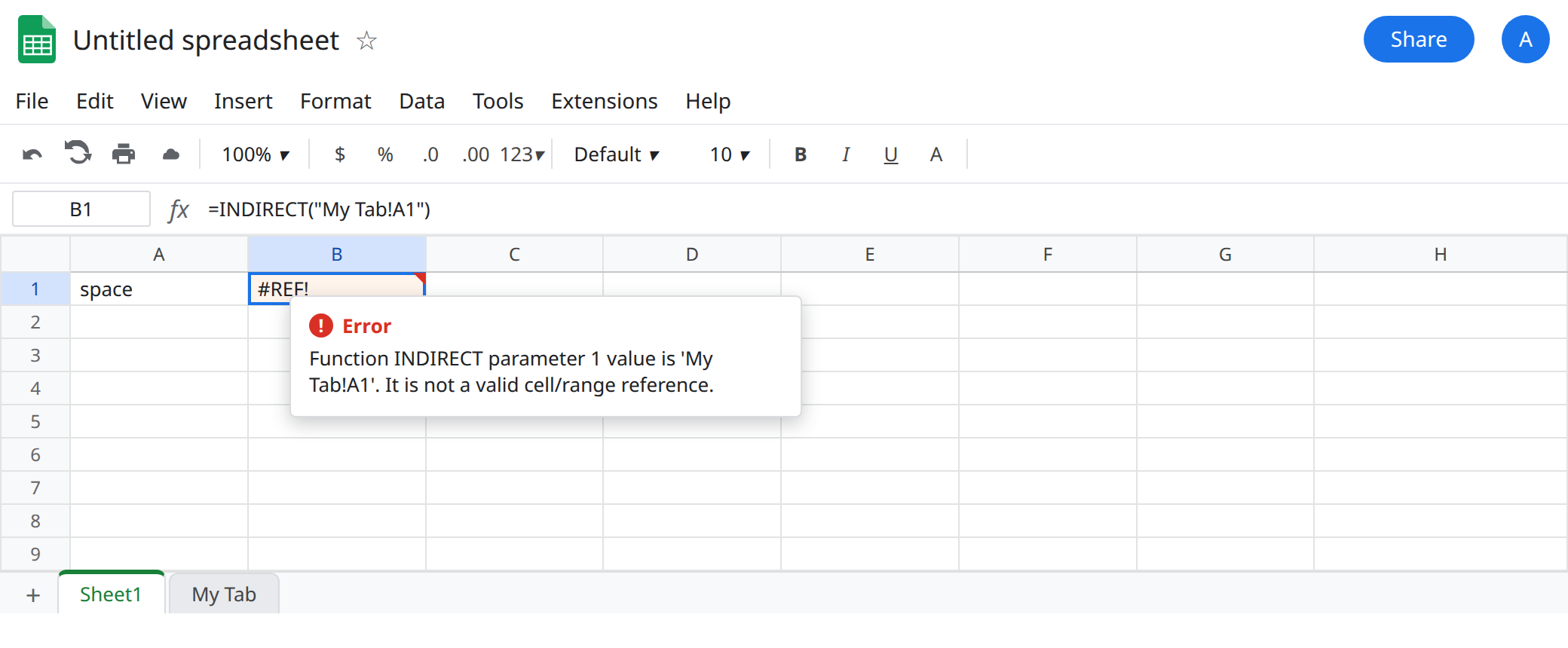 B1 selected. Formula bar shows =INDIRECT("My Tab!A1"). B1 is #REF!. B2 is 10 from =INDIRECT("'My Tab'!A1"). The tab My Tab exists and its A1 is 10.