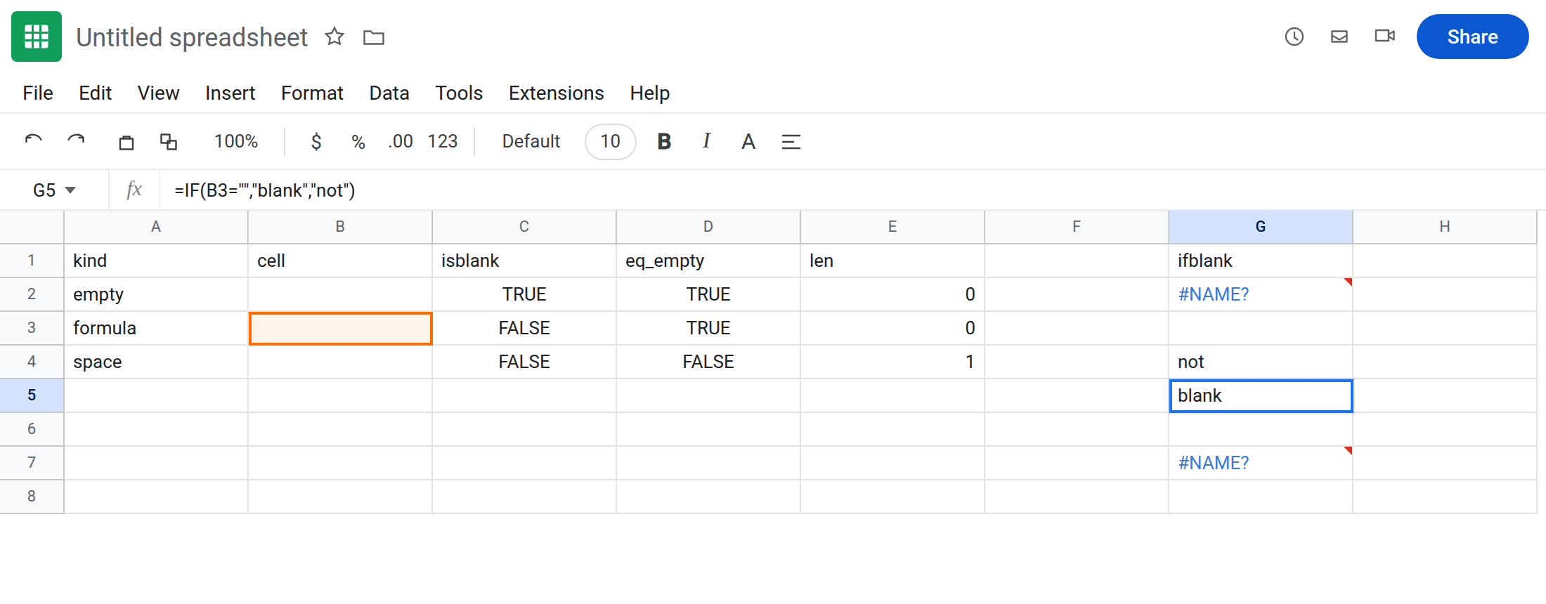 G5 selected. Formula bar shows =IF(B3="","blank","not"). G5 is blank with no error triangle. G4 is not from ISBLANK(B3). G2 is still #NAME?. C3 is FALSE.