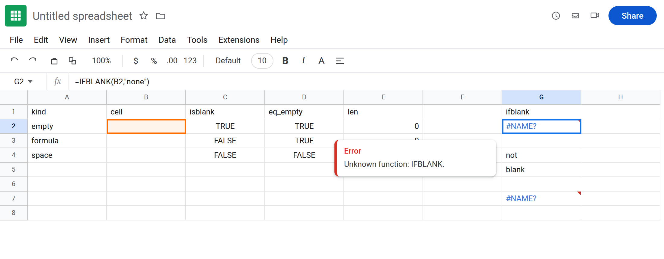 G2 selected. Formula bar shows =IFBLANK(B2,"none"). G2 is #NAME?. Tooltip: Unknown function: IFBLANK. C2 is TRUE.
