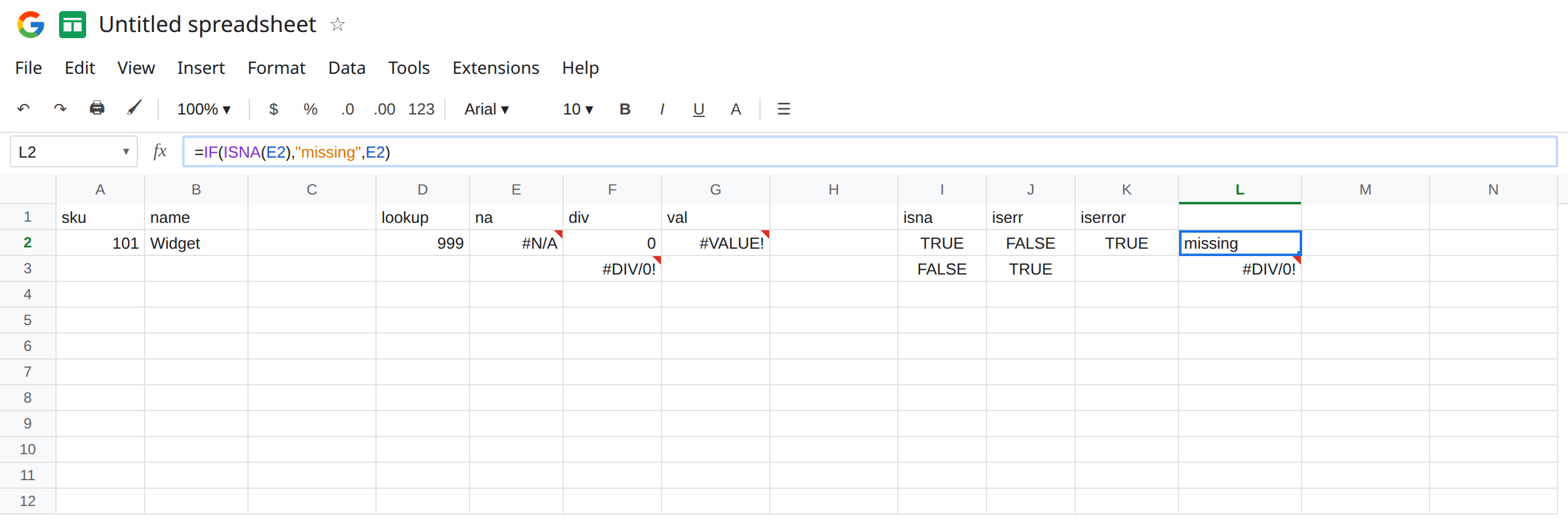 L2 selected. Formula bar shows =IF(ISNA(E2),"missing",E2). L2 is missing. J2 is still FALSE from ISERR on the same #N/A. L3 is still #DIV/0! because ISNA of that cell is FALSE.