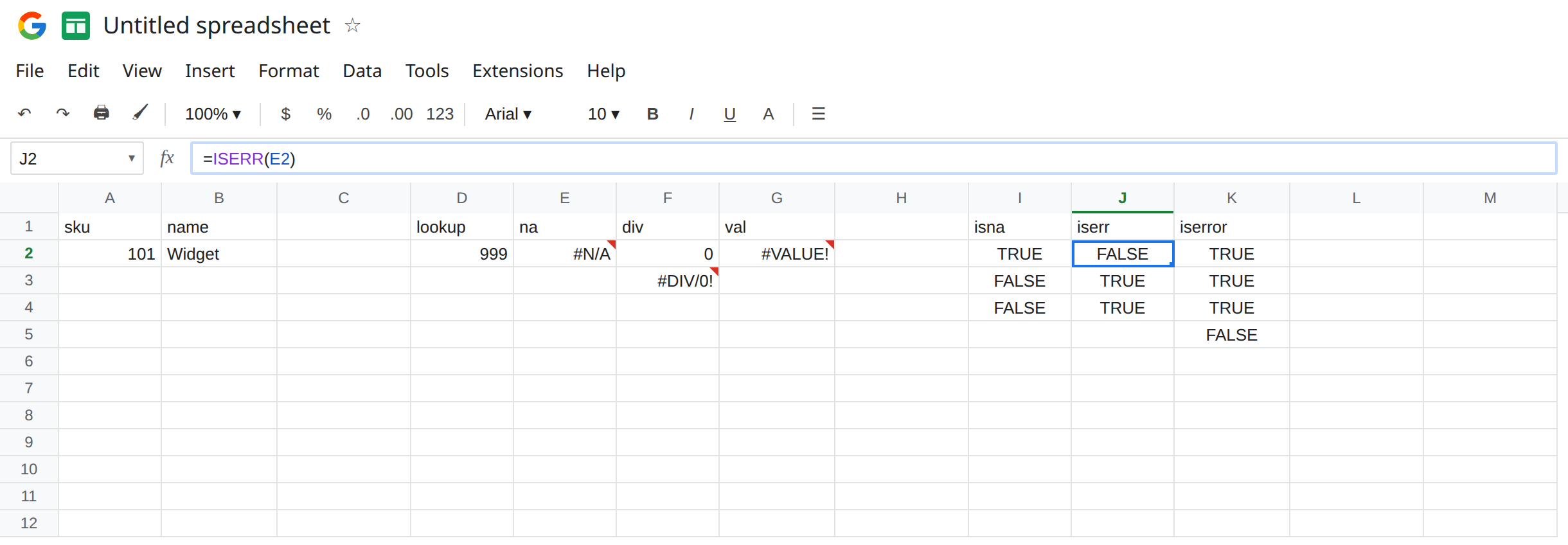 J2 selected. Formula bar shows =ISERR(E2). J2 is FALSE. E2 is #N/A from VLOOKUP of 999. I2 is TRUE from ISNA. K2 is TRUE from ISERROR. F3 is #DIV/0!. I3 is FALSE.