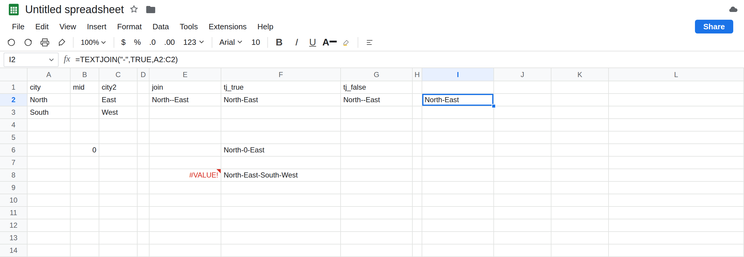 I2 selected. Formula bar shows =TEXTJOIN("-",TRUE,A2:C2). I2 is North-East with no error triangle. E2 is still North--East from JOIN. E8 is still #VALUE! from JOIN of A2:C3. F6 is North-0-East.