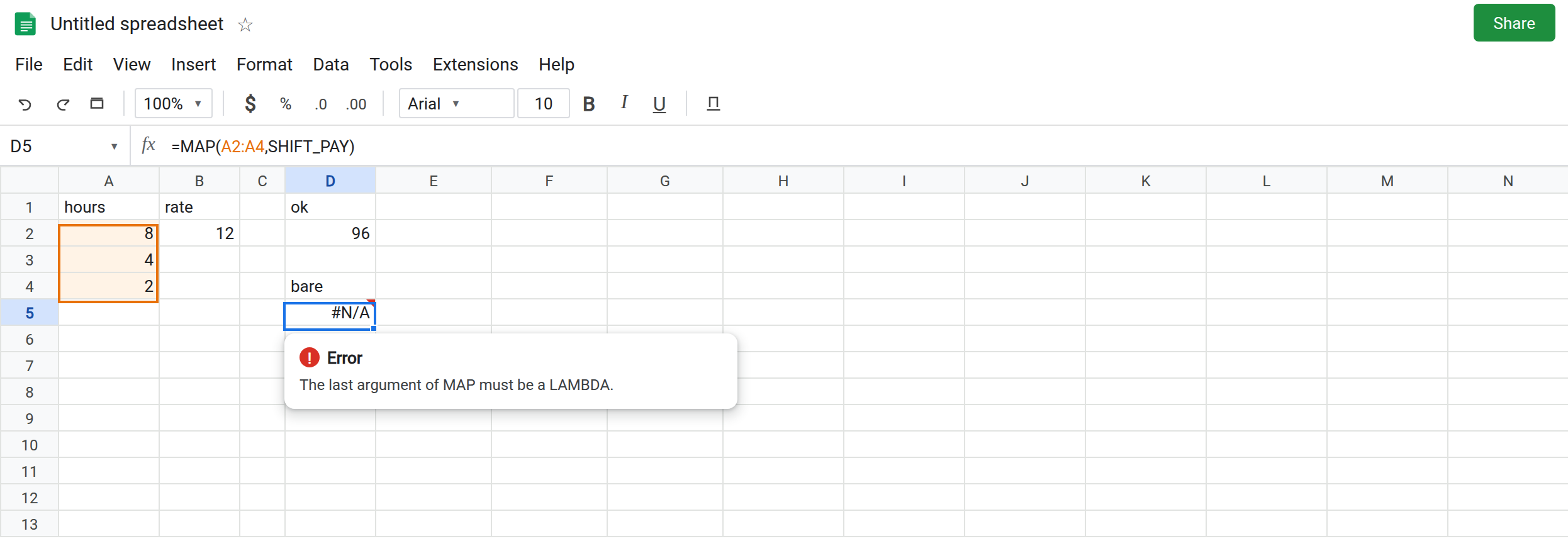 D5 selected. Formula bar shows =MAP(A2:A4,SHIFT_PAY). D5 is #N/A. D2 is 96 from =SHIFT_PAY(A2,B2). A2:A4 is 8, 4, 2. B2 is 12.