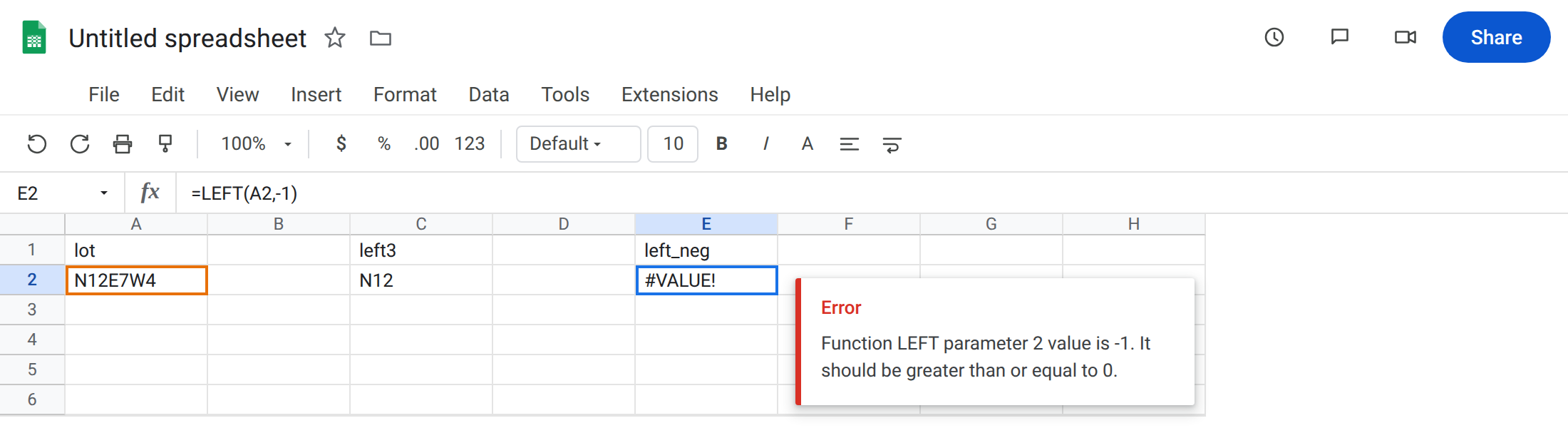 E2 selected. Formula bar shows =LEFT(A2,-1). E2 is #VALUE!. Tooltip: Function LEFT parameter 2 value is -1. It should be greater than or equal to 0. A2 is N12E7W4. C2 is N12.