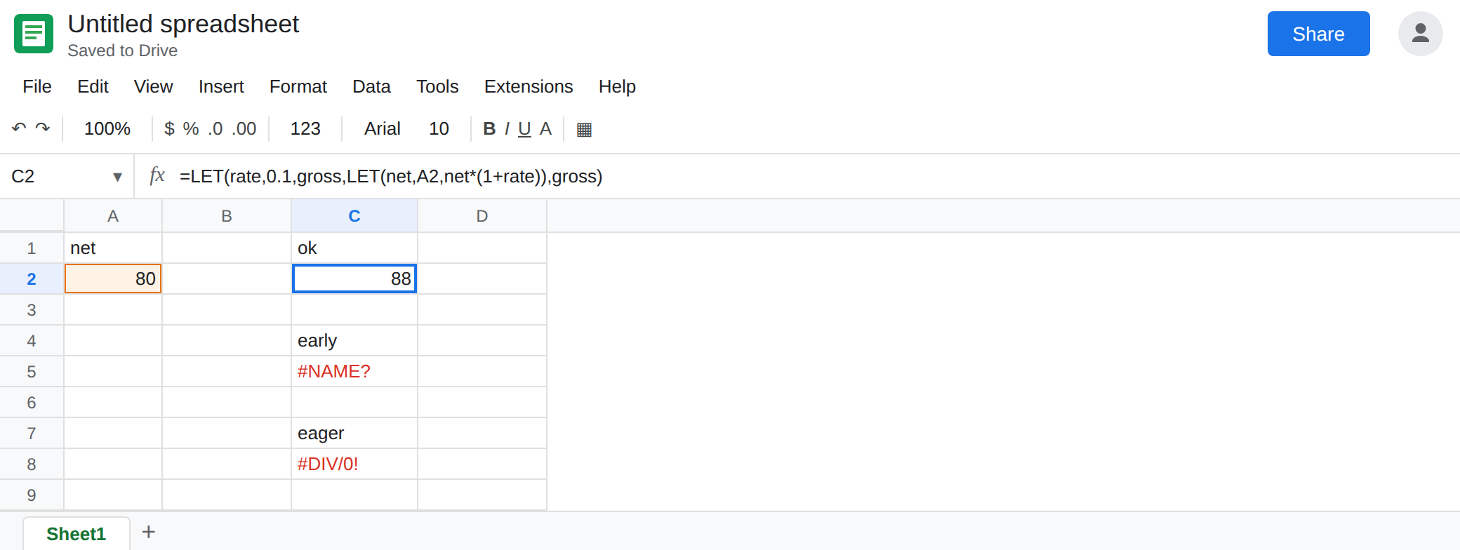 C2 selected. Formula bar shows =LET(rate,0.1,gross,LET(net,A2,net*(1+rate)),gross). C2 is 88. C5 is still #NAME?. C8 is still #DIV/0!.