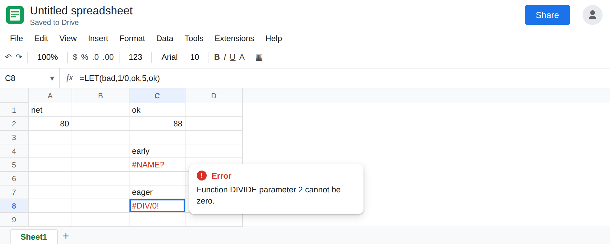 C8 selected. Formula bar shows =LET(bad,1/0,ok,5,ok). C8 is #DIV/0!. The result expression is ok. C2 is still 88.