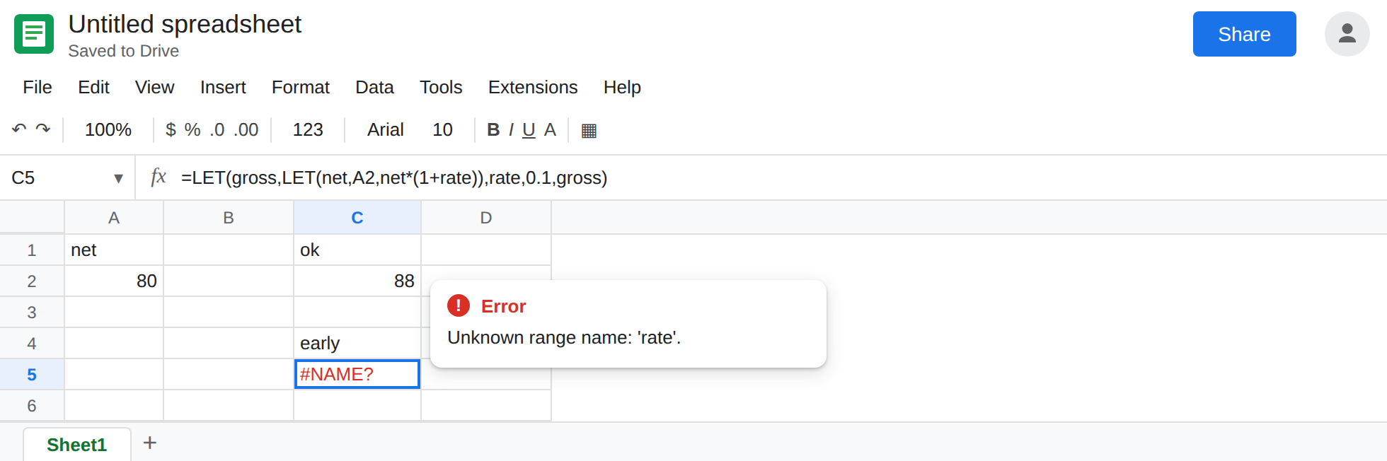 C5 selected. Formula bar shows =LET(gross,LET(net,A2,net*(1+rate)),rate,0.1,gross). C5 is #NAME?. C2 is 88. A2 is 80.