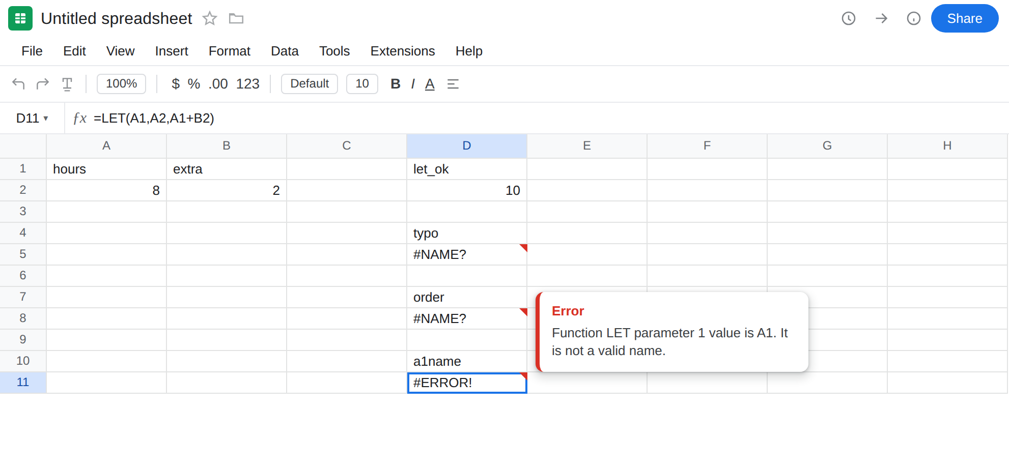 D11 selected. Formula bar shows =LET(A1,A2,A1+B2). D11 is #ERROR!. D5 is still #NAME? from shiftt. D2 is still 10.