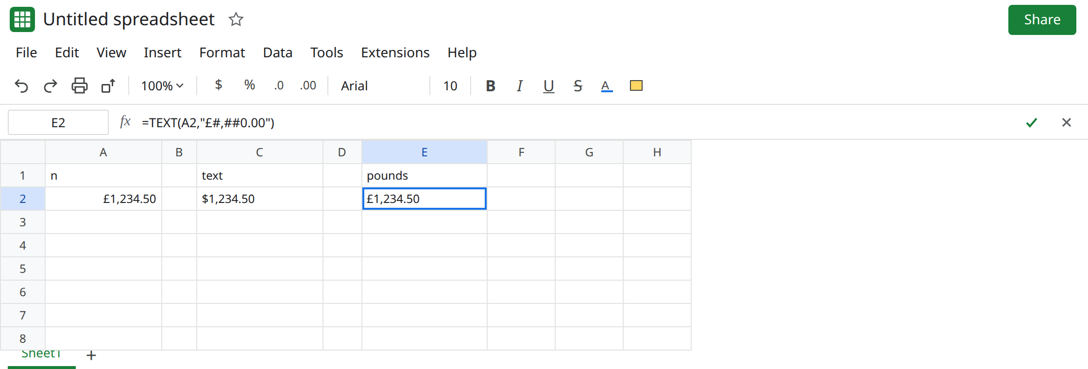 E2 selected. Formula bar shows =TEXT(A2,"£#,##0.00"). E2 shows pounds. C2 still shows $1,234.50. A2 is still the numeric currency format. Locale United Kingdom.