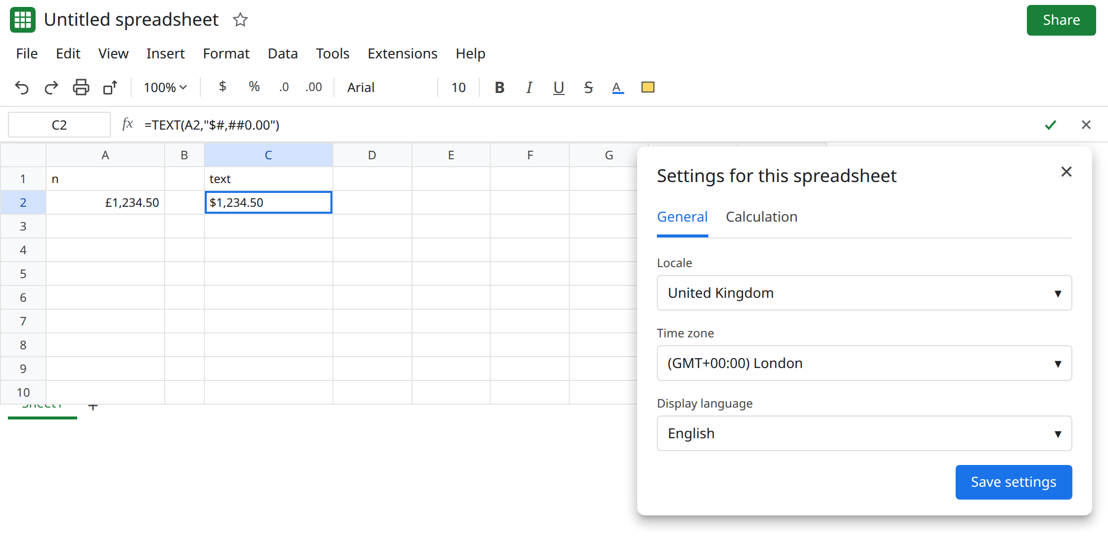 C2 selected. Formula bar shows =TEXT(A2,"$#,##0.00"). C2 is $1,234.50 as text. A2 is 1234.5 formatted as Currency and displays pounds. Locale is United Kingdom. No error triangle on C2.