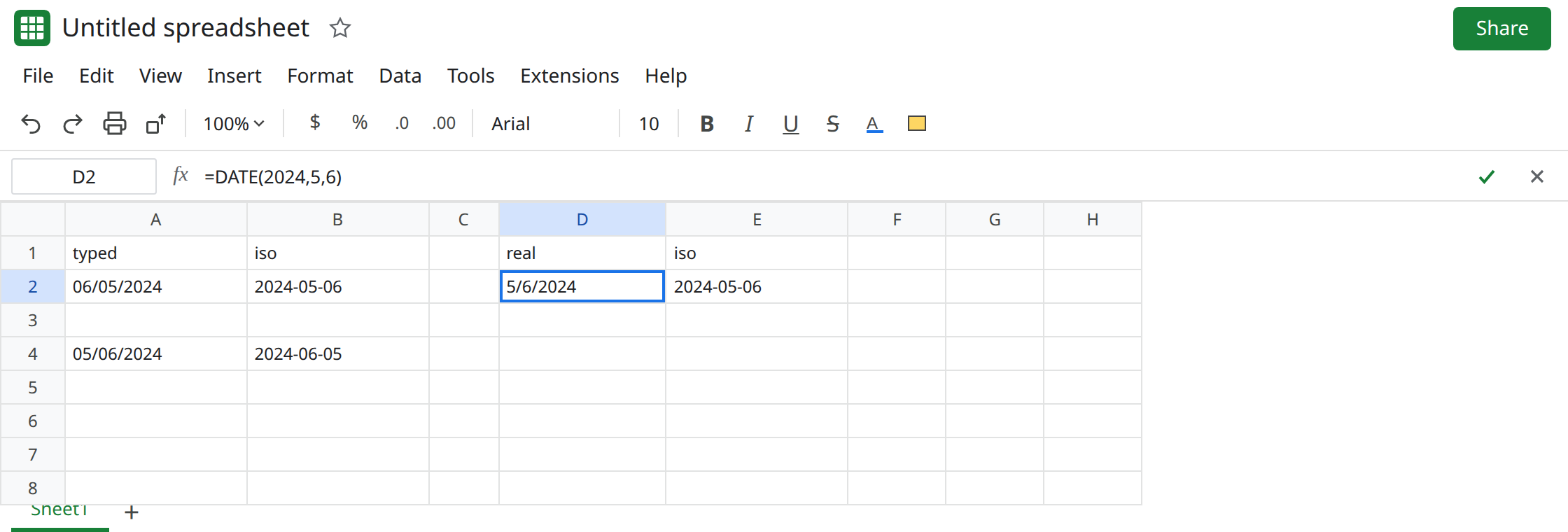 D2 selected. Formula bar shows =DATE(2024,5,6). A neighbor shows 2024-05-06. A2 still displays 06/05/2024 while its formula bar is May 6. B2 is 2024-05-06.