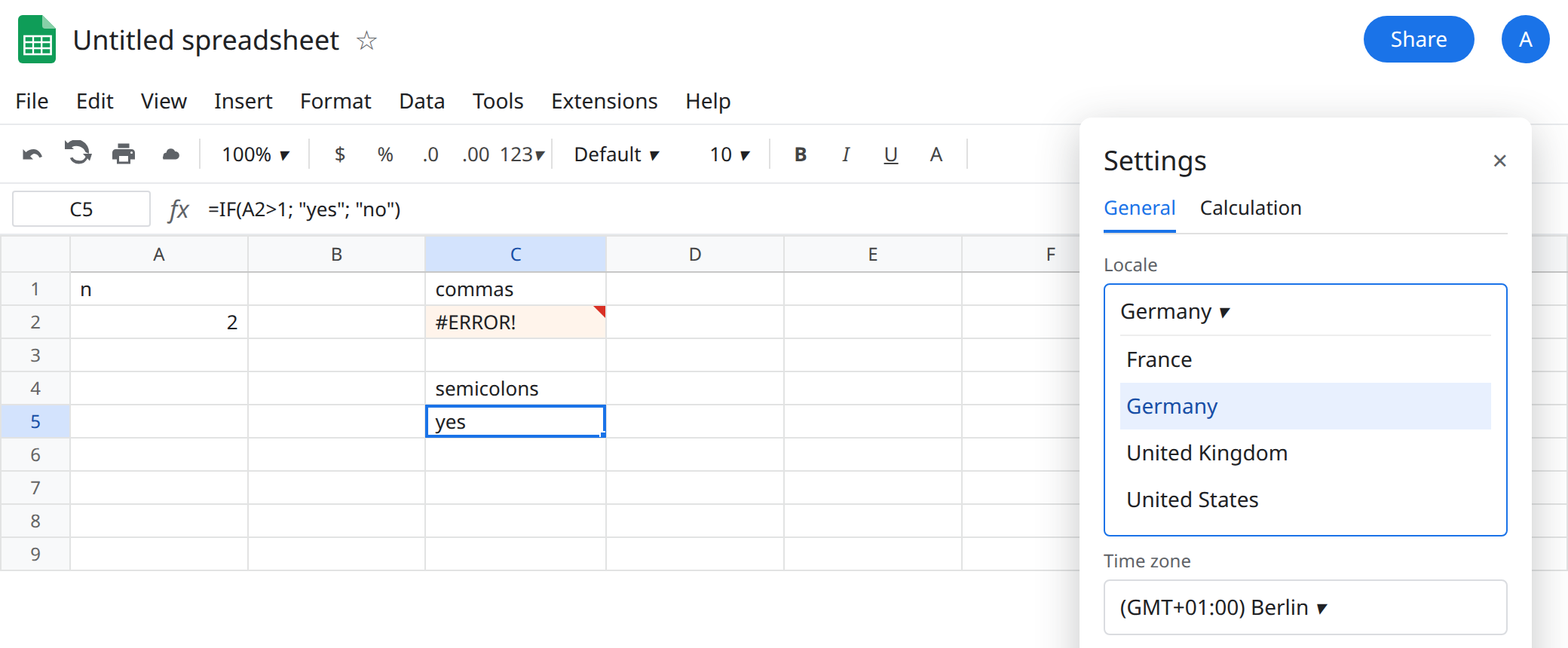 C5 selected. Formula bar shows =IF(A2>1; "yes"; "no") with semicolons. C5 is yes. C2 is still #ERROR! Formula parse error.