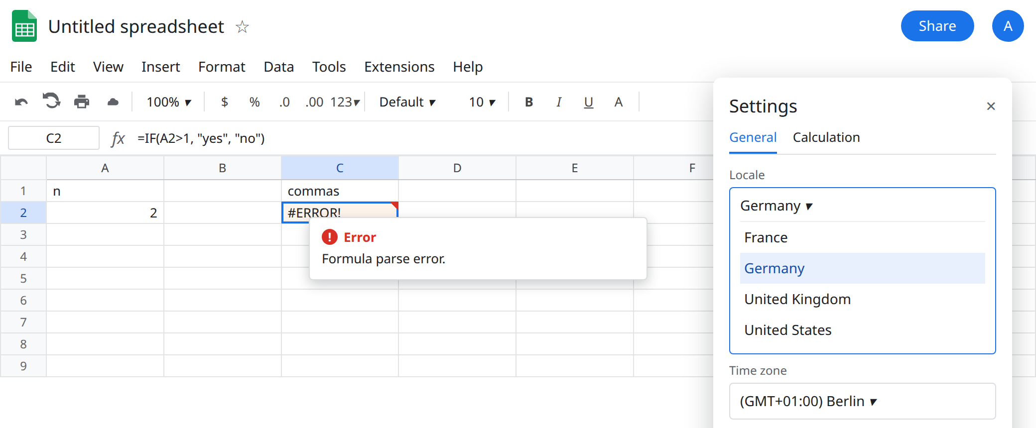 C2 selected. Formula bar shows =IF(A2>1, "yes", "no") with commas. C2 is #ERROR!. Tooltip: Formula parse error. Locale is Germany. Function name is IF.
