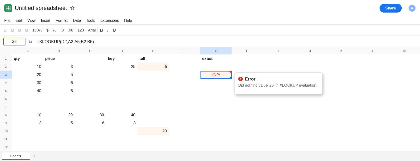 G3 selected. Formula bar shows =XLOOKUP(D2,A2:A5,B2:B5). G3 is #N/A. E2 is 5 from LOOKUP of the tall array. E10 is 20 from LOOKUP of the header row only.