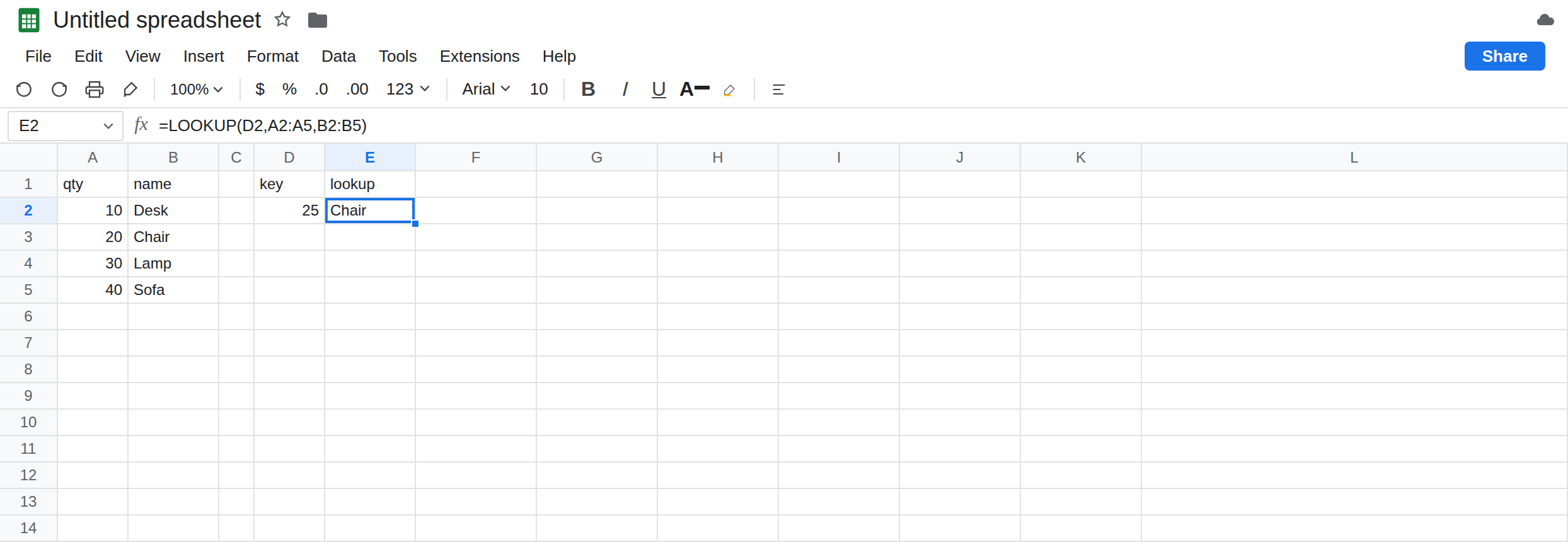 E2 selected. Formula bar shows =LOOKUP(D2,A2:A5,B2:B5). E2 is Chair. D2 is 25. A3 is 20 and B3 is Chair. A2:A5 is 10, 20, 30, 40. No error triangle.
