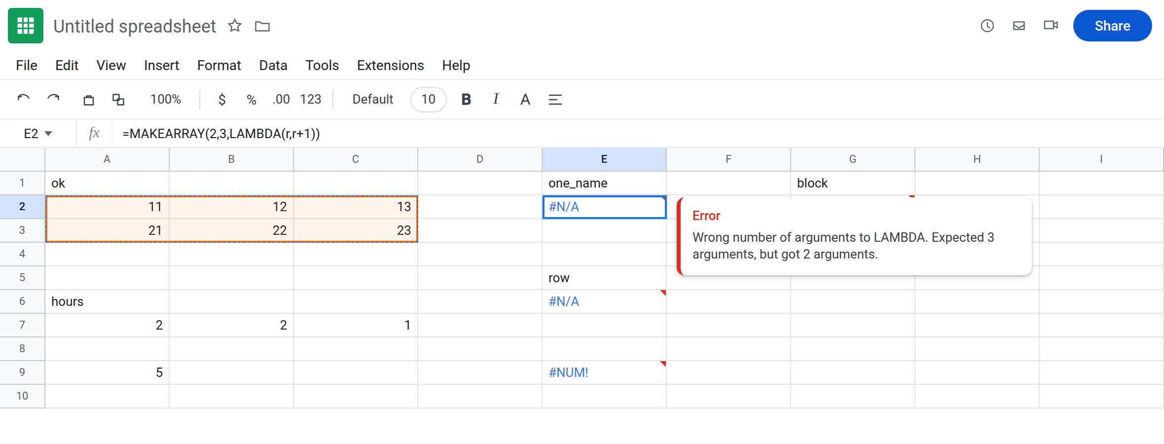 E2 selected. Formula bar shows =MAKEARRAY(2,3,LAMBDA(r,r+1)). E2 is #N/A. Tooltip: Wrong number of arguments to LAMBDA. Expected 3 arguments, but got 2 arguments. A2:C3 is 11 12 13 / 21 22 23.