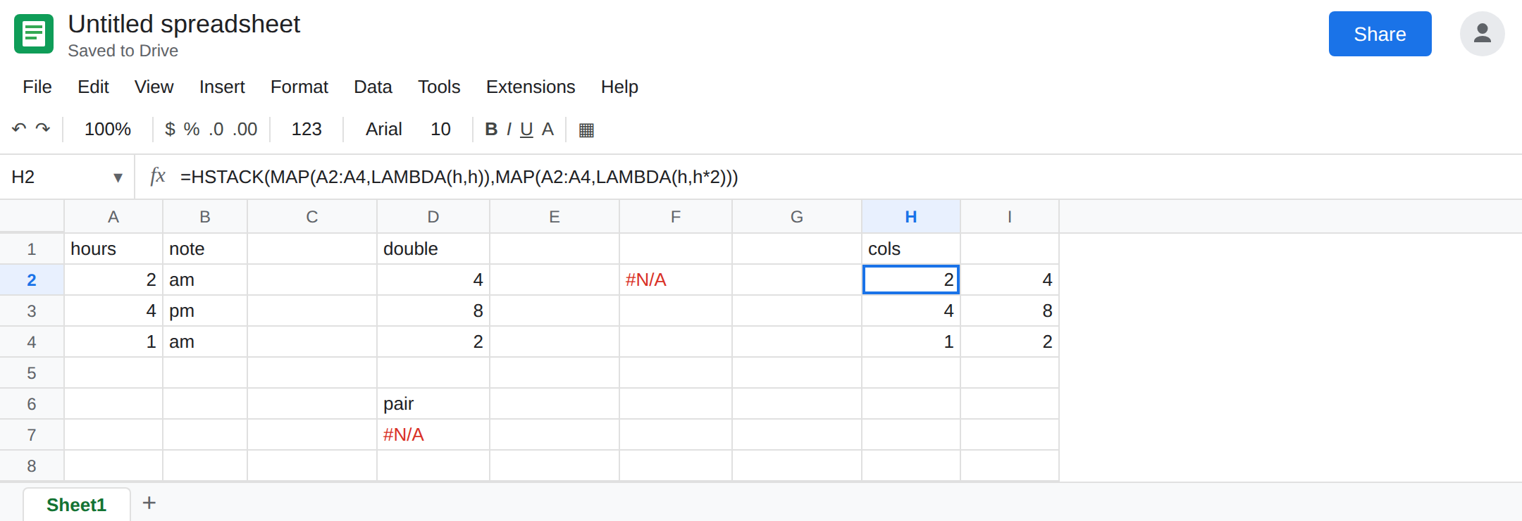 H2 selected. Formula bar shows HSTACK of two MAP calls, each returning one number. H2:I4 is hours beside doubled hours. D7 is still #N/A.
