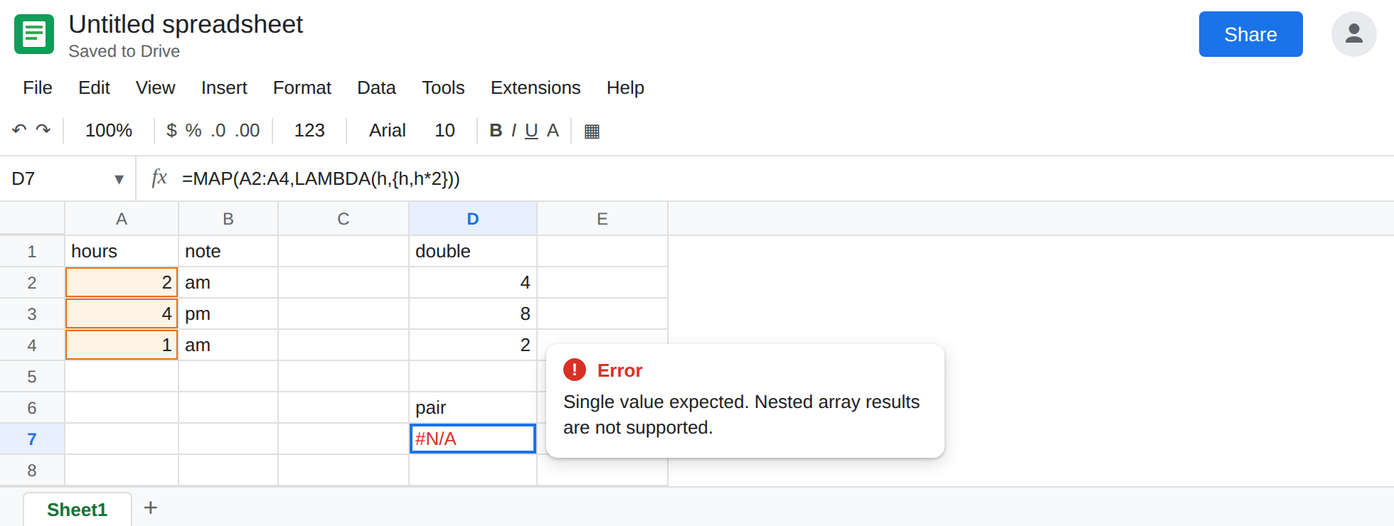 D7 selected. Formula bar shows =MAP(A2:A4,LAMBDA(h,{h,h*2})). D7 is #N/A. Tooltip: Single value expected. Nested array results are not supported. D2 spills 4, 8, 2.