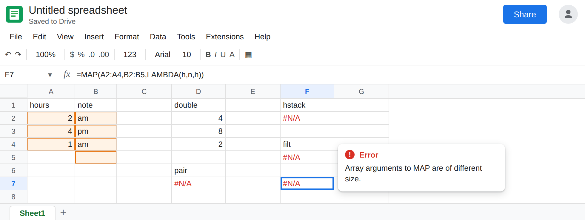 F7 selected. Formula bar shows MAP of A2:A4 and B2:B5. F7 is #N/A. Tooltip: Array arguments to MAP are of different size. D7 is still the nested-array error.
