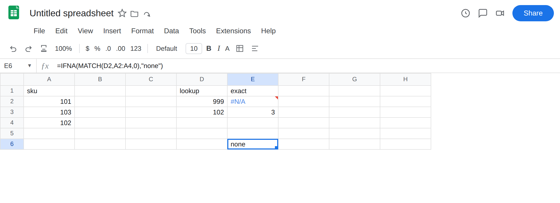 E6 selected. Formula bar shows =IFNA(MATCH(D2,A2:A4,0),"none"). E6 is none with no error triangle. E2 is still #N/A. E3 is 3.