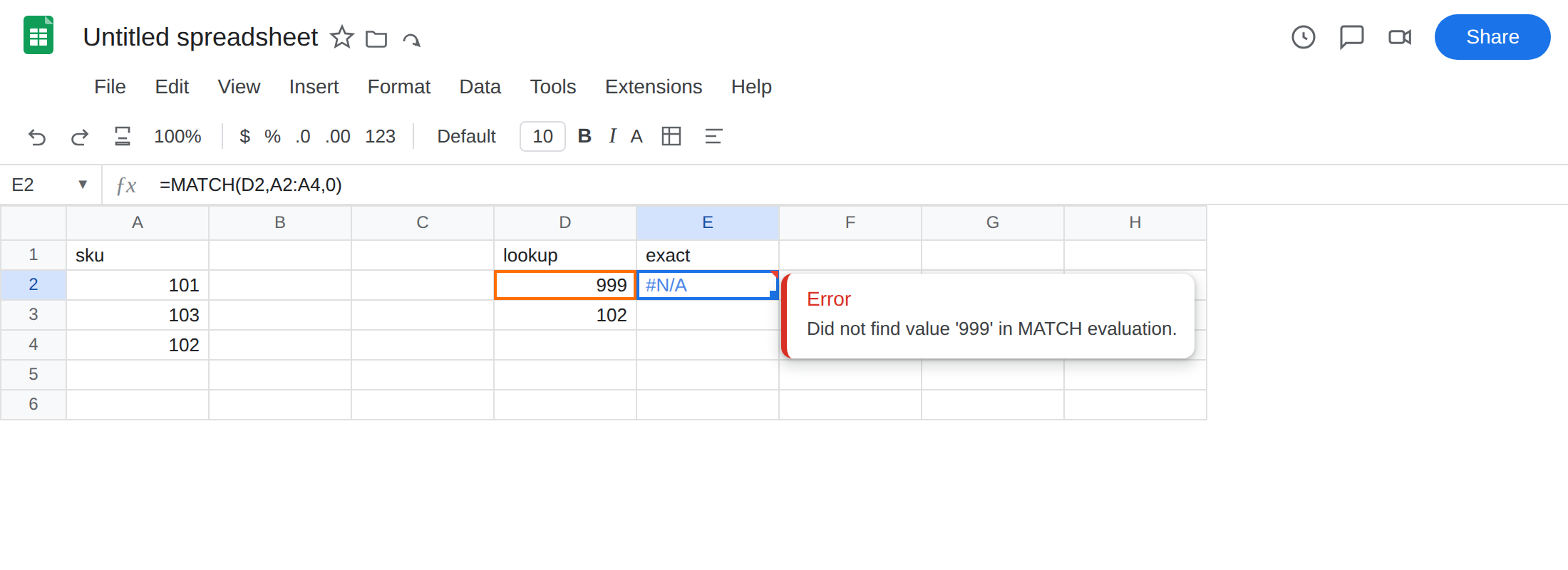 E2 selected. Formula bar shows =MATCH(D2,A2:A4,0). E2 is #N/A. Tooltip: Did not find value '999' in MATCH evaluation. D2 is 999. A2:A4 is 101, 103, 102.