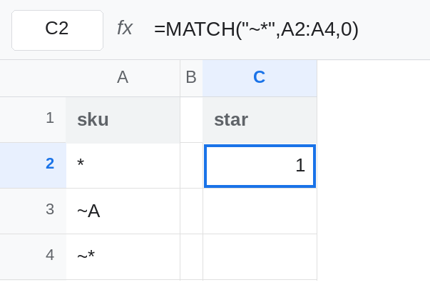 C2 selected. Formula bar shows =MATCH("~*",A2:A4,0). C2 is 1. A2 is a single asterisk. A3 is tilde A. A4 is tilde asterisk. No error triangle.